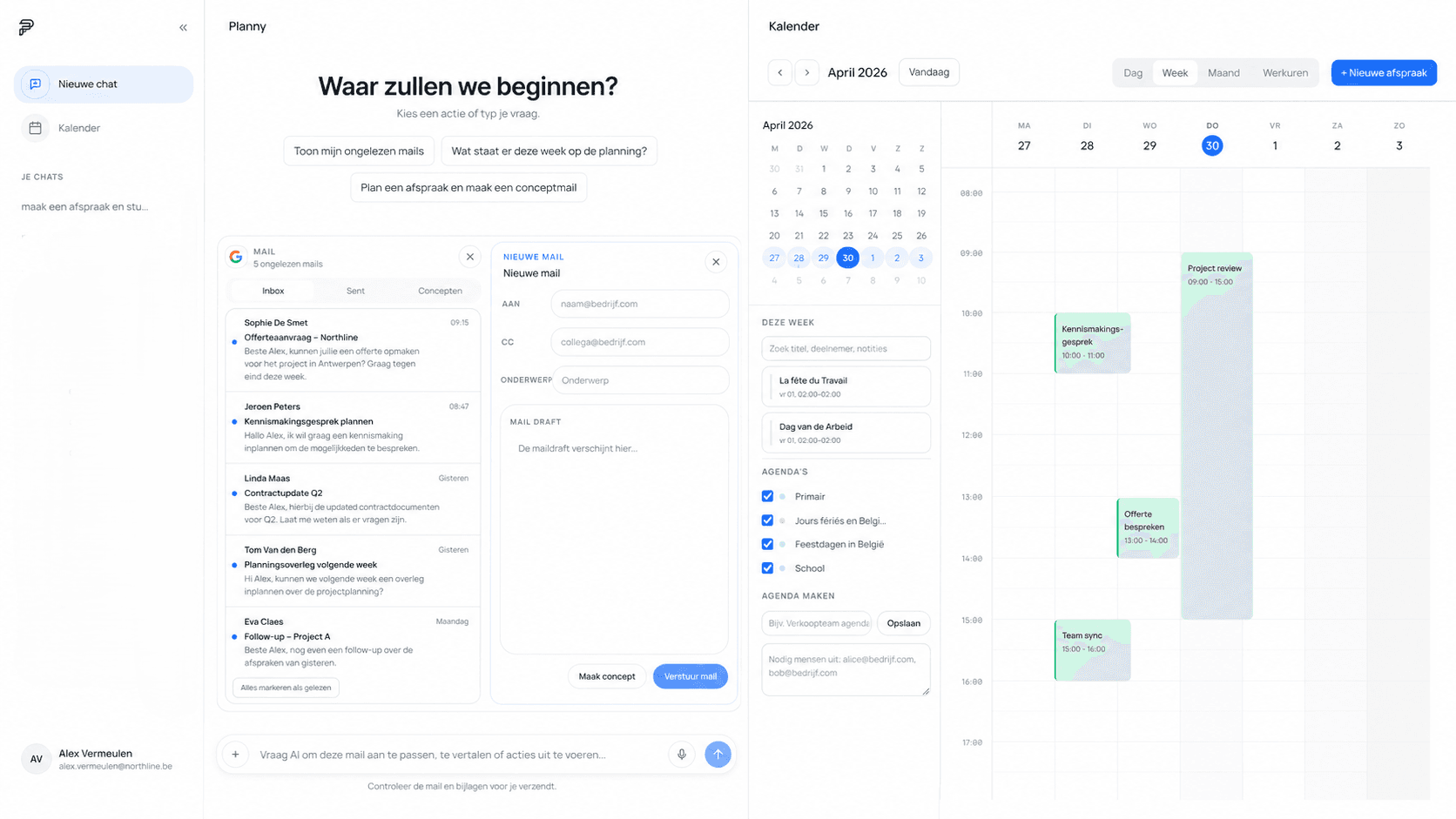 Planny dashboard met inbox, kalender en dagelijkse acties
