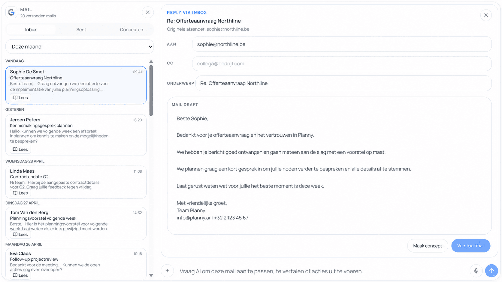 Planny voorbeelden voor inbox, agenda en goedkeuringsflow