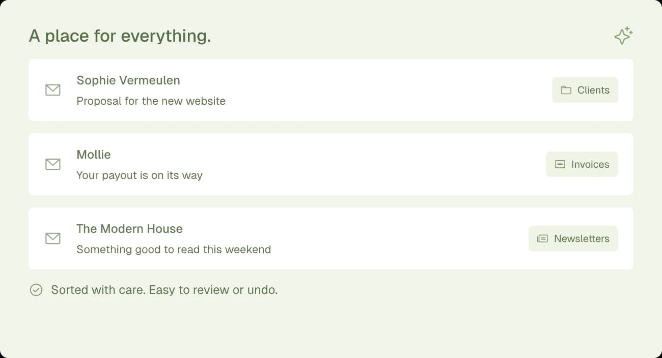 Sorting preview: Sophie’s proposal in Clients, Mollie’s payout in Invoices and The Modern House in Newsletters. Sorted with care, easy to review or undo.
