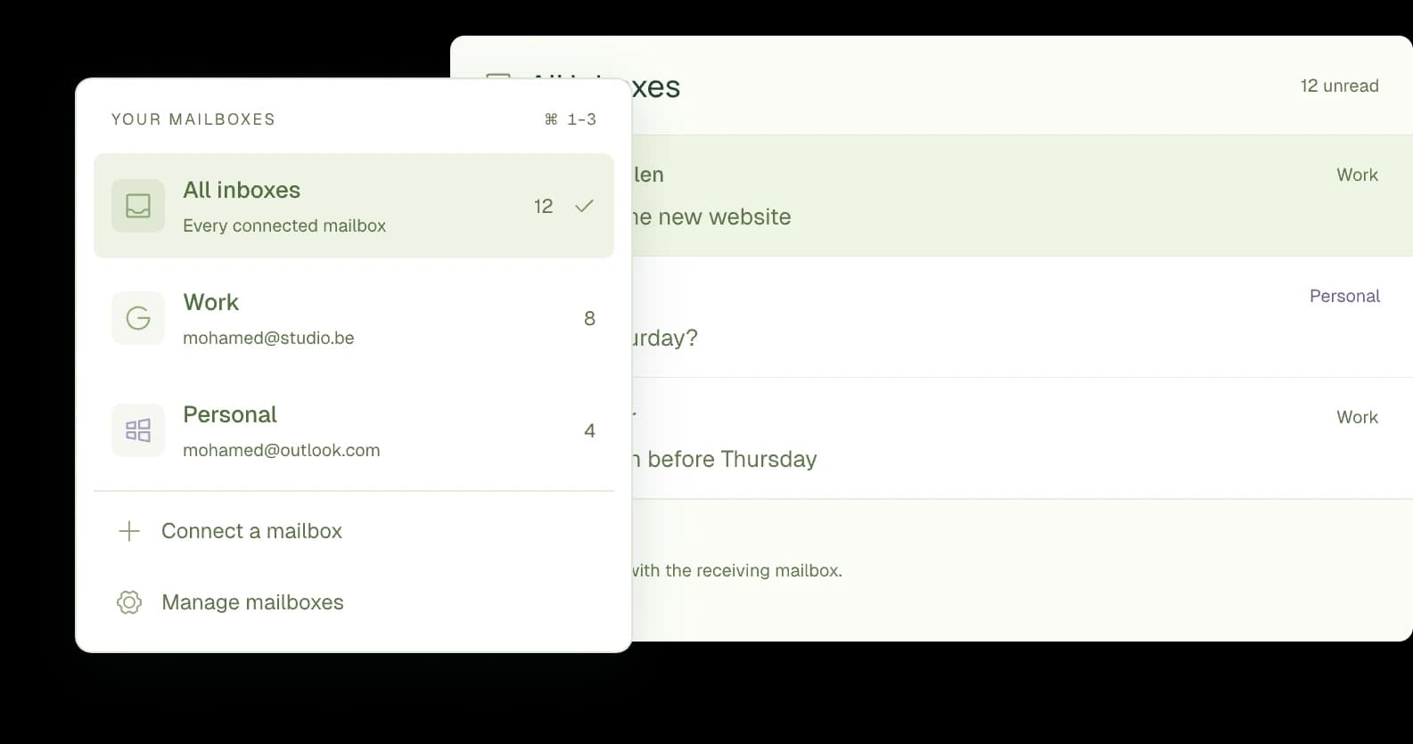 Mailbox switcher concept with All inboxes, Work Gmail and Personal Outlook, next to a unified inbox preview