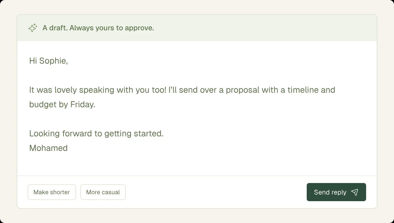 AI reply concept: an editable draft for Sophie with options to make it shorter or more casual and a send button for human approval