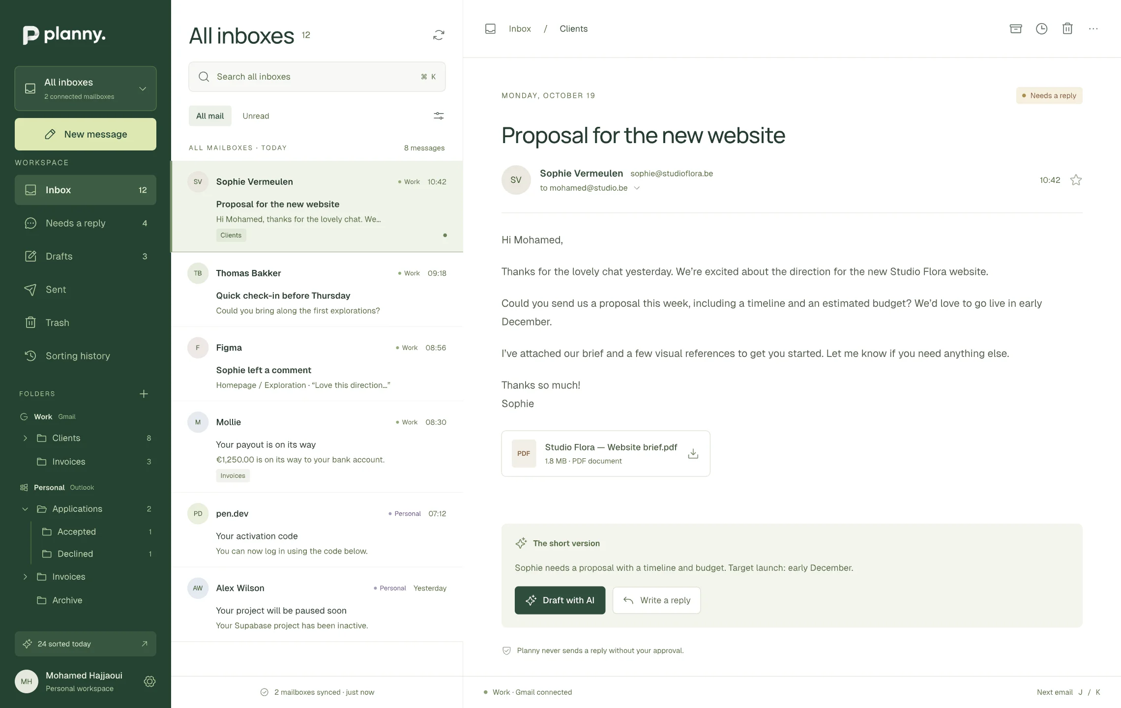 Planny product concept showing the inbox, connected mailboxes, folders and email reading panel